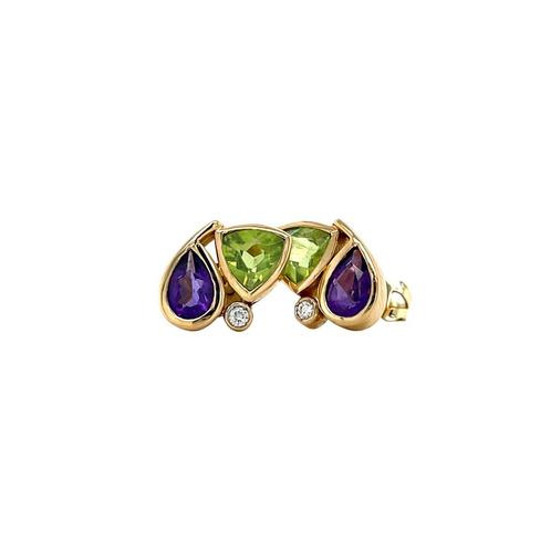 Gouden oorstekers met diamant, amethist en peridoot 14, Sieraden, Tassen en Uiterlijk, Oorbellen, Zo goed als nieuw, Goud, Verzenden