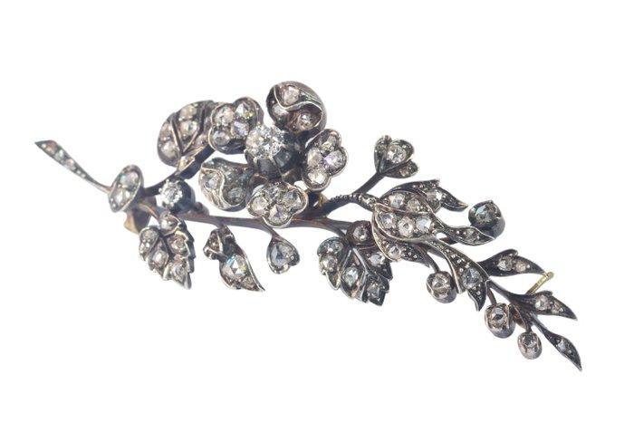 Broche - 14 karaat Roségoud, Zilver - 0.38ct. tw. Diamant, Sieraden, Tassen en Uiterlijk, Antieke sieraden