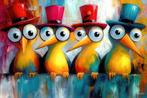 John Joseb Art - Glasschilderij grappige vogels met hoed, Huis en Inrichting, Oorspronkelijke maker, Verzenden, Nieuw, Schilderij