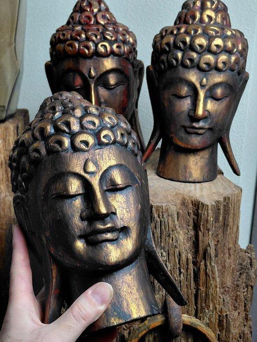 Beeld, Drie grote massief houten Boeddha hoofden - 25 cm -, Antiek en Kunst, Kunst | Designobjecten