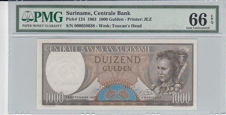 1963 Suriname P 124 1000 Gulden Pmg 66 Epq, Postzegels en Munten, Bankbiljetten | Europa | Niet-Eurobiljetten, Verzenden