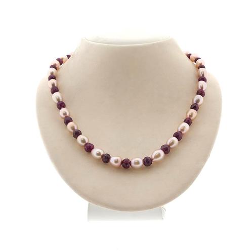 9 Krt. parel collier met robijn | 44,5 cm (vintage), Sieraden, Tassen en Uiterlijk, Antieke sieraden, Met edelsteen, Goud, Ophalen of Verzenden