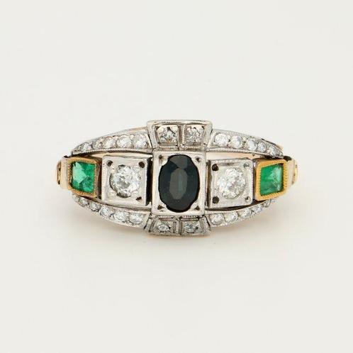 Ring - 14 karaat Geel goud Saffier - Smaragd - Diamant, Sieraden, Tassen en Uiterlijk, Ringen
