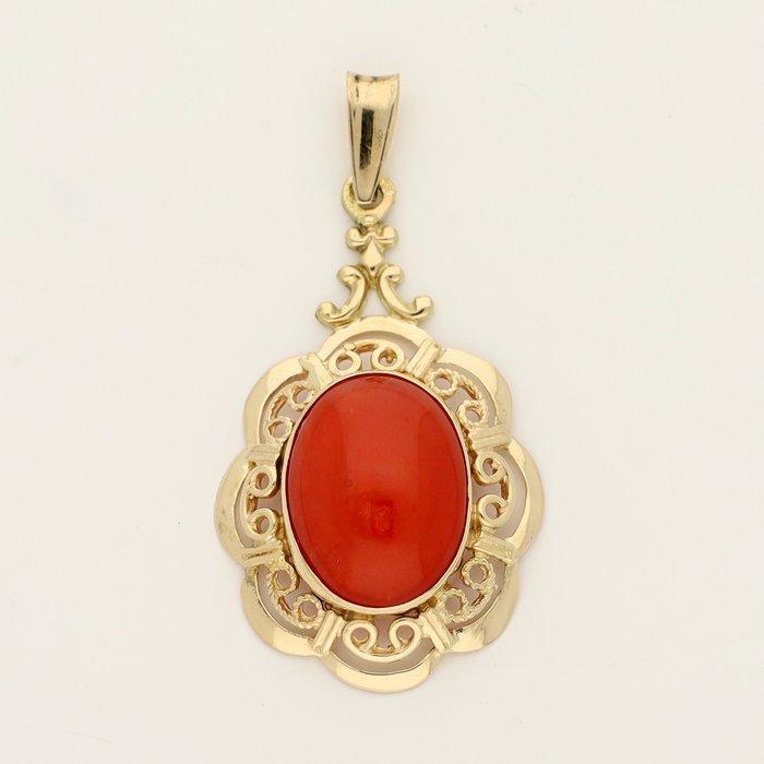 Hanger - 14 karaat Geel goud - 4.20ct. tw. Bloedkoraal, Sieraden, Tassen en Uiterlijk, Antieke sieraden