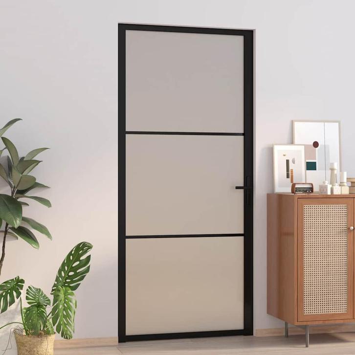 vidaXL Binnendeur 93x201,5 cm matglas en aluminium zwart, Doe-het-zelf en Verbouw, Deuren en Horren, Nieuw, Verzenden