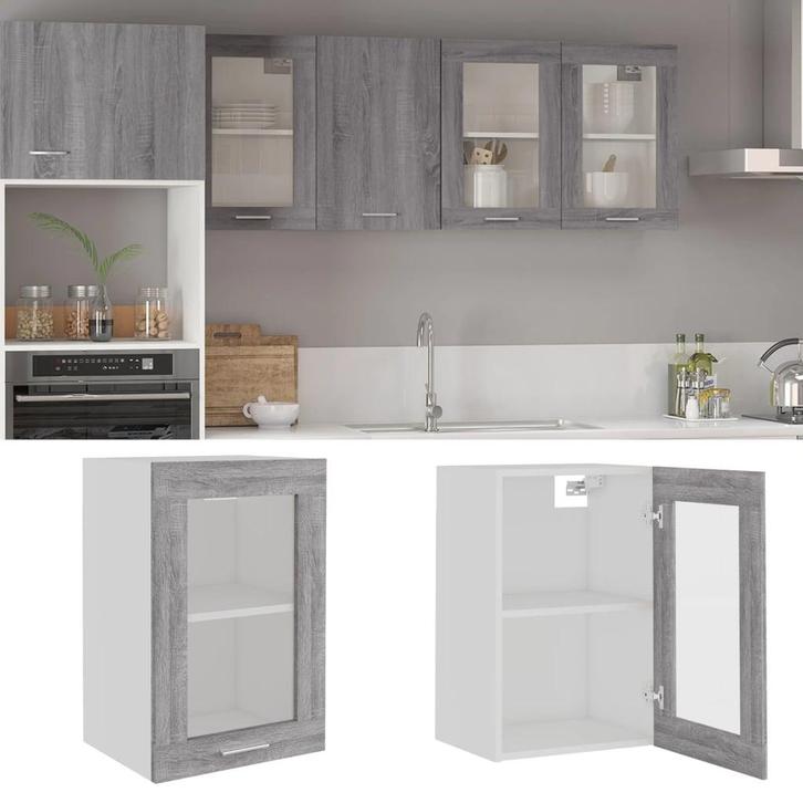 vidaXL Wandkast Lyon 40x31x60 cm glas en bewerkt hout grijs, Huis en Inrichting, Keuken | Keukenelementen, Grijs, Nieuw, Verzenden