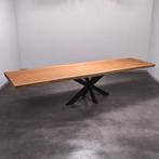 Boomstamtafel, Eettafel 370x100 massief hardhout, metaalpoot, Huis en Inrichting, Overige houtsoorten, Vijf personen of meer, Rechthoekig