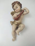 Snijwerk, Holzfigur - farbiger Engel mit Mandoline -, Antiek en Kunst
