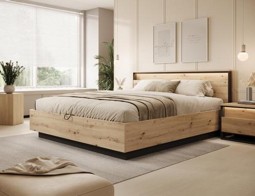 Tweepersoonsbed - Eiken - Met gasliftsysteem - 180x200 cm, Huis en Inrichting, Slaapkamer | Bedden, Nieuw, Tweepersoons, Verzenden