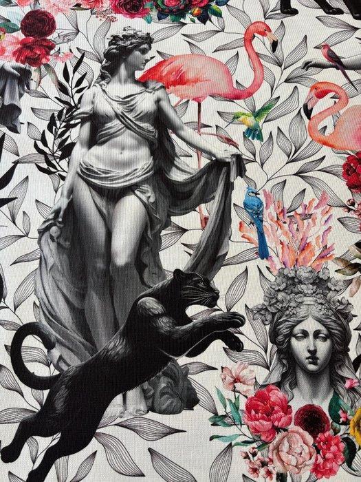Oude Griekse standbeeld met panter en flamingo. 100% katoen, Antiek en Kunst, Antiek | Kleden en Textiel