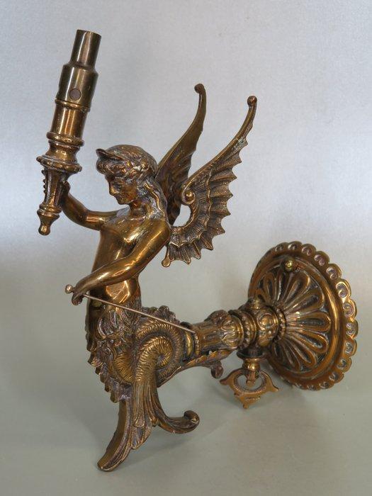 Gaslamp met zeemeermin of seraphin. - Lamp - Messing, Antiek en Kunst, Antiek | Overige Antiek