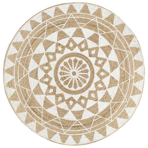 vidaXL Vloerkleed handgemaakt met witte print 90 cm jute, Huis en Inrichting, Stoffering | Tapijten en Kleden, Wit, Nieuw, Verzenden
