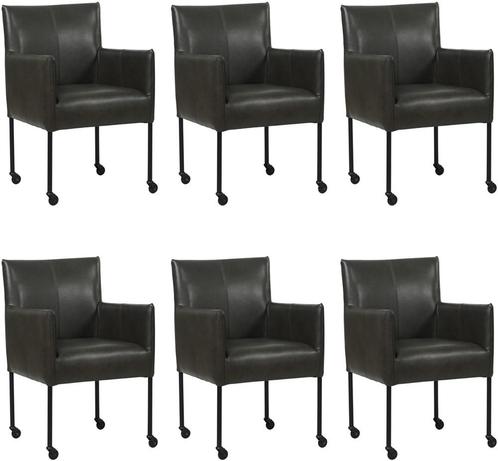 Set van 6 Donkergrijze leren moderne kuipstoel - poot rond z, Huis en Inrichting, Stoelen, Vijf, Zes of meer stoelen, Overige kleuren