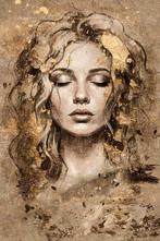 Groot abstract portret schilderij vrouw met goudaccenten, Ophalen of Verzenden