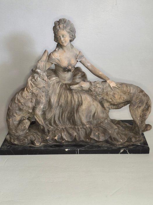 Beeld, Dame met honden - 41 cm - Gips, Antiek en Kunst, Antiek | Keramiek en Aardewerk