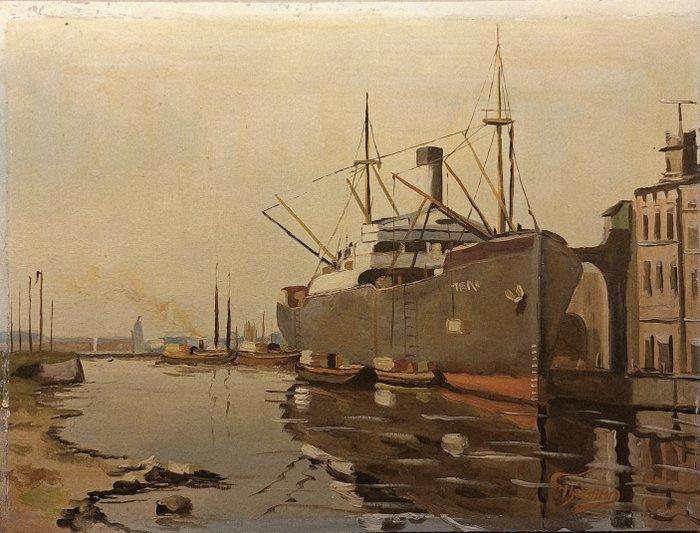 Thaddeus Van Eysden (1900-1980) - Aangemeerd schip in, Antiek en Kunst, Kunst | Schilderijen | Klassiek