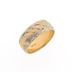 Bicolor gouden heren ring met gravures (witgoud, unisex), Gebruikt, Overige kleuren, 19 tot 20, Ophalen of Verzenden