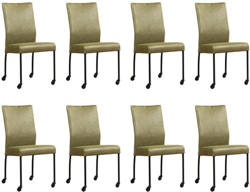 Set van 8 Olijfgroene leren moderne eetkamerstoelen - poot r, Huis en Inrichting, Stoelen, Vijf, Zes of meer stoelen, Overige kleuren