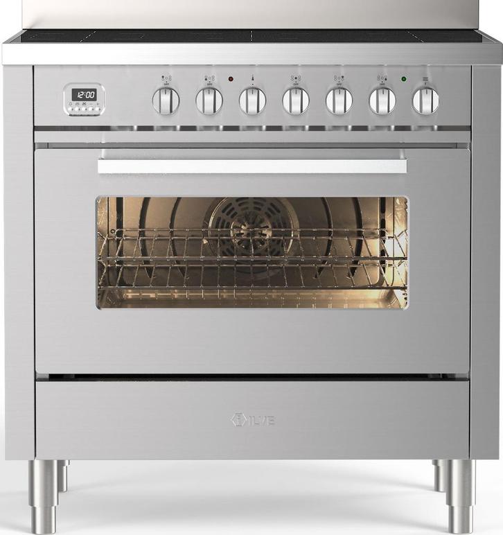 Ilve LBI095WSCM3/SS inductie fornuis rvs - 90 cm. breed, Witgoed en Apparatuur, Fornuizen, 60 cm of meer, Vrijstaand, 5 kookzones of meer