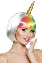 Witte Pruik Kort Bob Regenboog Pony Eenhoorn Gouden Hoorn Un, Ophalen of Verzenden, Nieuw, Carnaval