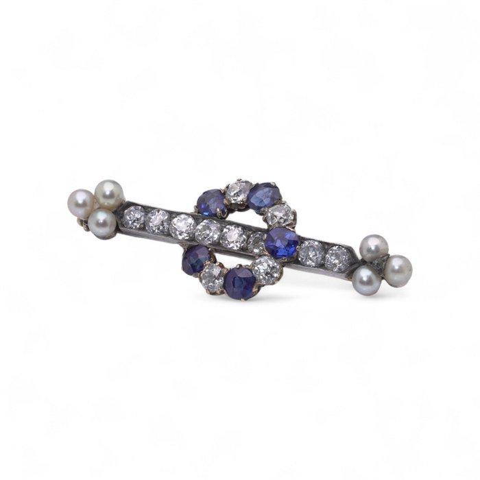 Broche Victoriaanse 15kt goud en zilveren diamant-, saffier-, Sieraden, Tassen en Uiterlijk, Antieke sieraden