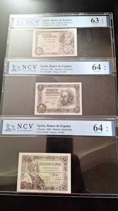 Spanje. - 3 x 1 peseta - various dates - Pick 128a, 135a,, Postzegels en Munten, Bankbiljetten | Europa | Niet-Eurobiljetten