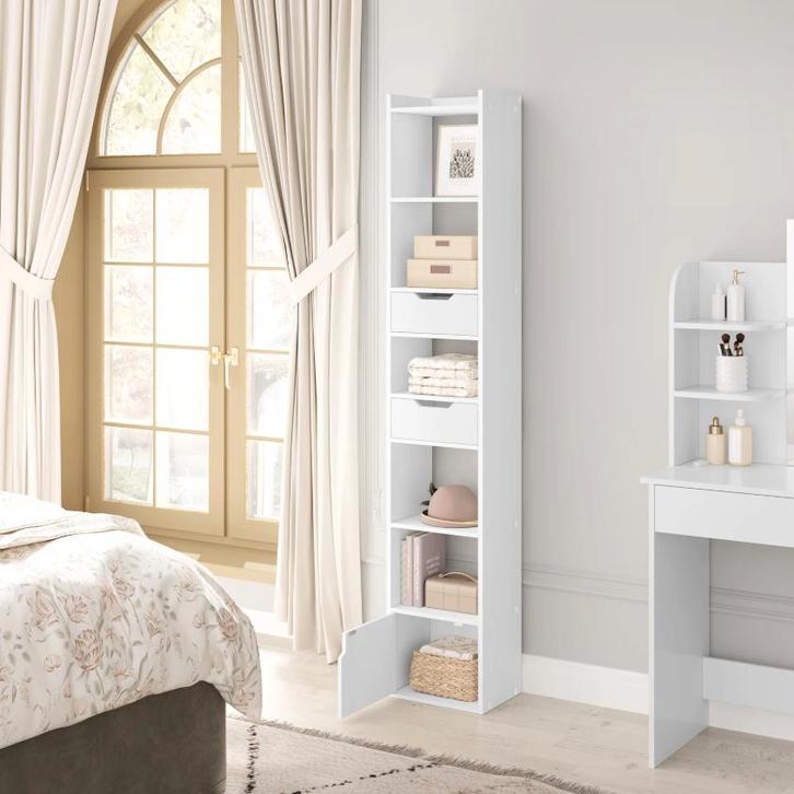 Boekenkast – Smalle Hoge Stellingkast – Wit of Licht Eiken, Huis en Inrichting, Kasten | Stellingkasten, Nieuw, Verzenden