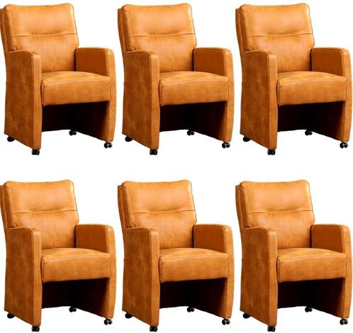 Set van 6 Cognac leren landelijke eetkamerfauteuils - Kenia, Huis en Inrichting, Stoelen, Vijf, Zes of meer stoelen, Overige kleuren