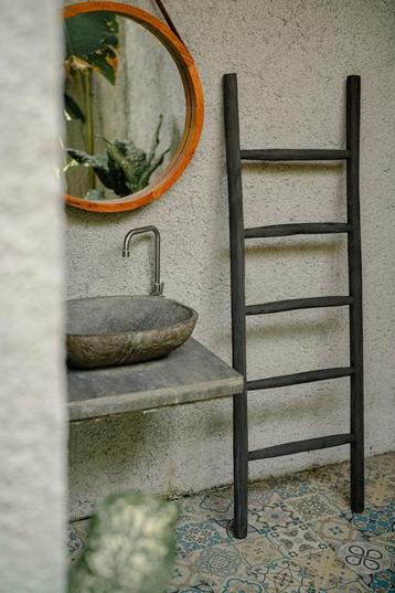 Teakhouten Ladder | Zwart Gecoat Teak | 50x5x150 | beschikbaar voor biedingen
