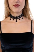 Choker Zwart Kant met Steen Kraaltjes en Kettinkjes 6 Kanten, Kunststof, Verstelbaar, Zwart, Nieuw