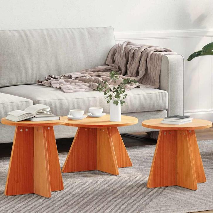 vidaXL Salontafel 3 pcs Wasbruin, Huis en Inrichting, Tafels | Salontafels, Rond, Nieuw, Grenenhout, Minder dan 50 cm, Minder dan 50 cm