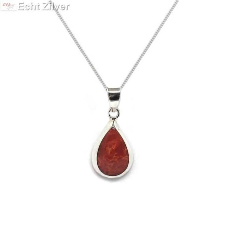 Zilveren ketting met zilveren druppel hanger koraal rood, Sieraden, Tassen en Uiterlijk, Kettingen, Nieuw, Verzenden