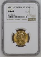 Gouden Wilhelmina 10 gulden 1897 MS66 variant 7 over 7 NGC, Goud, Losse munt, Verzenden