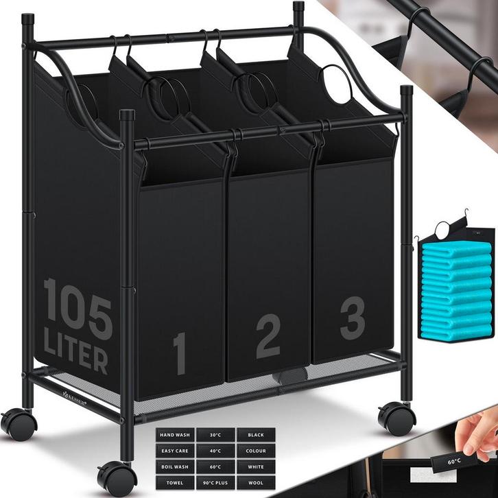 Wasmand 3 vakken - Wassorteerder - 105 Liter - Zwart - KESSE, Huis en Inrichting, Overige Huis en Inrichting, Nieuw, Verzenden