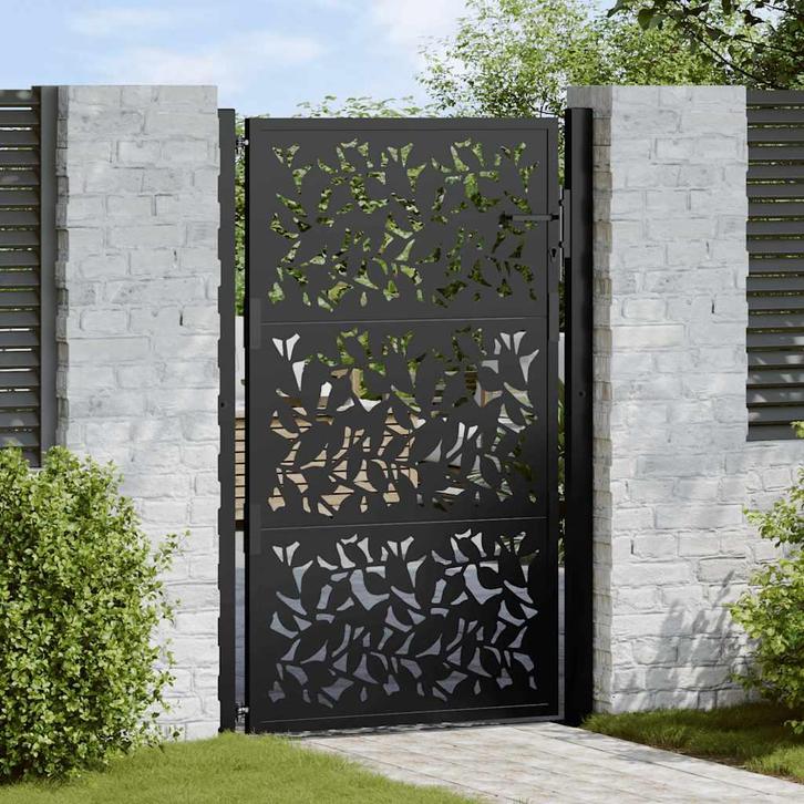 vidaXL Poort met bladontwerp 105x155 cm staal zwart, Tuin en Terras, Tuinpoorten, Nieuw, Verzenden