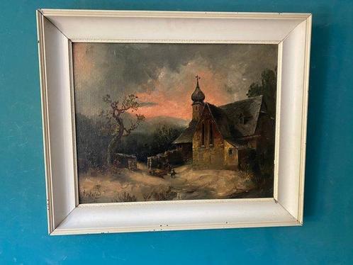 Hollandse School 19e eeuw - Kerk met figuren in de winter, Antiek en Kunst, Kunst | Schilderijen | Klassiek