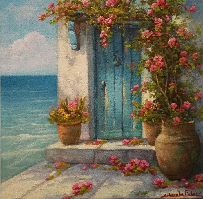 Gabriele Fabris (1958) - Rustico fiorito sul mare (Paesaggio, Antiek en Kunst, Kunst | Schilderijen | Klassiek