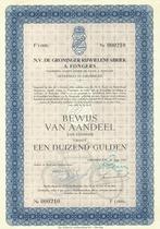 Aandeel f 1000 in De Groninger Rijwielfabriek A. Fongers, 1950 tot 1970, Certificaat van aandeel, Ophalen of Verzenden