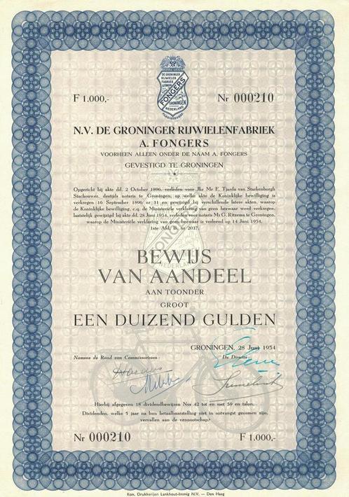 Aandeel f 1000 in De Groninger Rijwielfabriek A. Fongers, Postzegels en Munten, Aandelen en Waardepapieren, Certificaat van aandeel