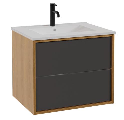 Badkamermeubel Gary 60cm - Eiken met Zwart - Badmeubel, Huis en Inrichting, Badkamer | Badkamermeubels, Nieuw, Wastafelkast, Verzenden