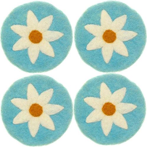 Vilten Onderzetters - Set 4 stuks - Turquoise met Witte Marg, Huis en Inrichting, Woonaccessoires | Onderzetters, Nieuw, Ophalen of Verzenden