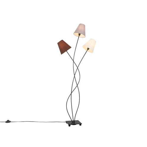 Design vloerlamp zwart met stoffen kappen 3-lichts - Melis, Huis en Inrichting, Lampen | Vloerlampen
