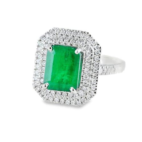 Ring Platina - 3.51ct. tw. Smaragd - Diamant - Dubbele Halo, Sieraden, Tassen en Uiterlijk, Ringen