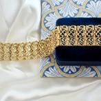 Gouden brede fantasie schakel armband | 19,5 cm, Ophalen of Verzenden, Gebruikt, Overige kleuren, Goud