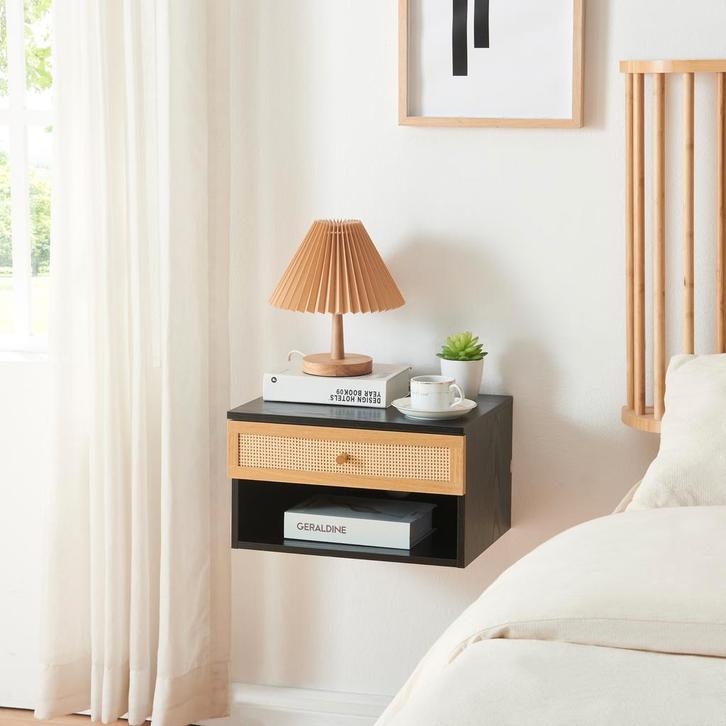 Wandrek Eiker met lade 40x31,5x23 cm zwart en rotan look [en, Huis en Inrichting, Woonaccessoires | Wandplanken en Boekenplanken