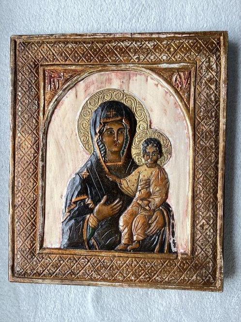 Icoon - Moeder Gods - Hout - Handgemaakt - 33 x 38,5 cm, Antiek en Kunst, Antiek | Boeken en Bijbels