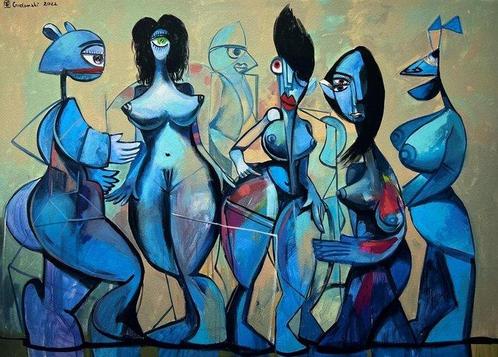 Andrzej Gudaski - Blue figures, Antiek en Kunst, Kunst | Schilderijen | Modern