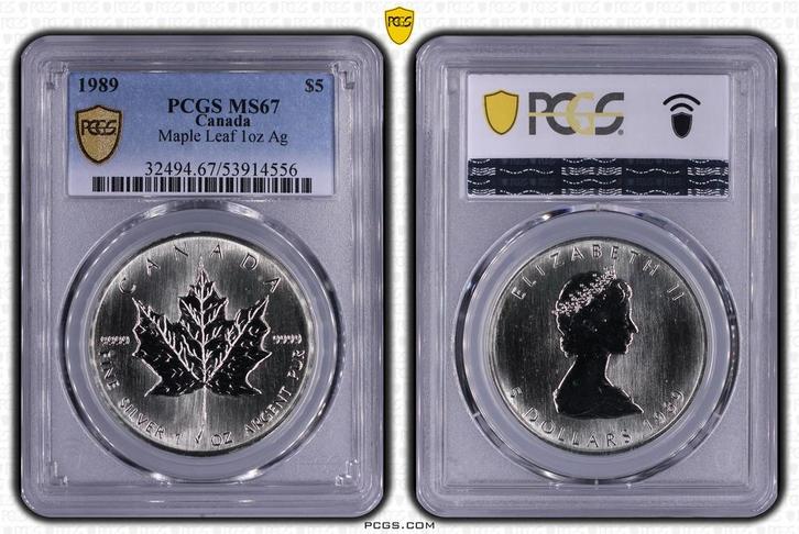 Canada 1 oz Maple Leaf 1989 PCGS MS67 gecertificeerd, Postzegels en Munten, Munten | Amerika, Noord-Amerika, Losse munt, Zilver