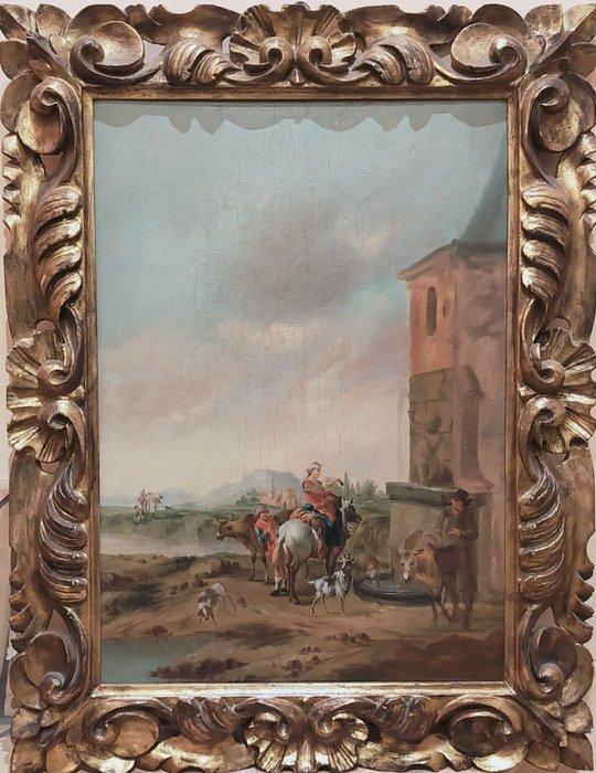 Scuola francese (XVIII-XIX) - Contadini alla fontana, Antiek en Kunst, Kunst | Schilderijen | Klassiek
