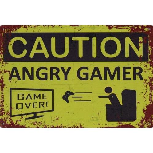 Wandbord -  Caution Angry Gamer – Game Over, Huis en Inrichting, Woonaccessoires | Wanddecoraties, Nieuw, Ophalen of Verzenden